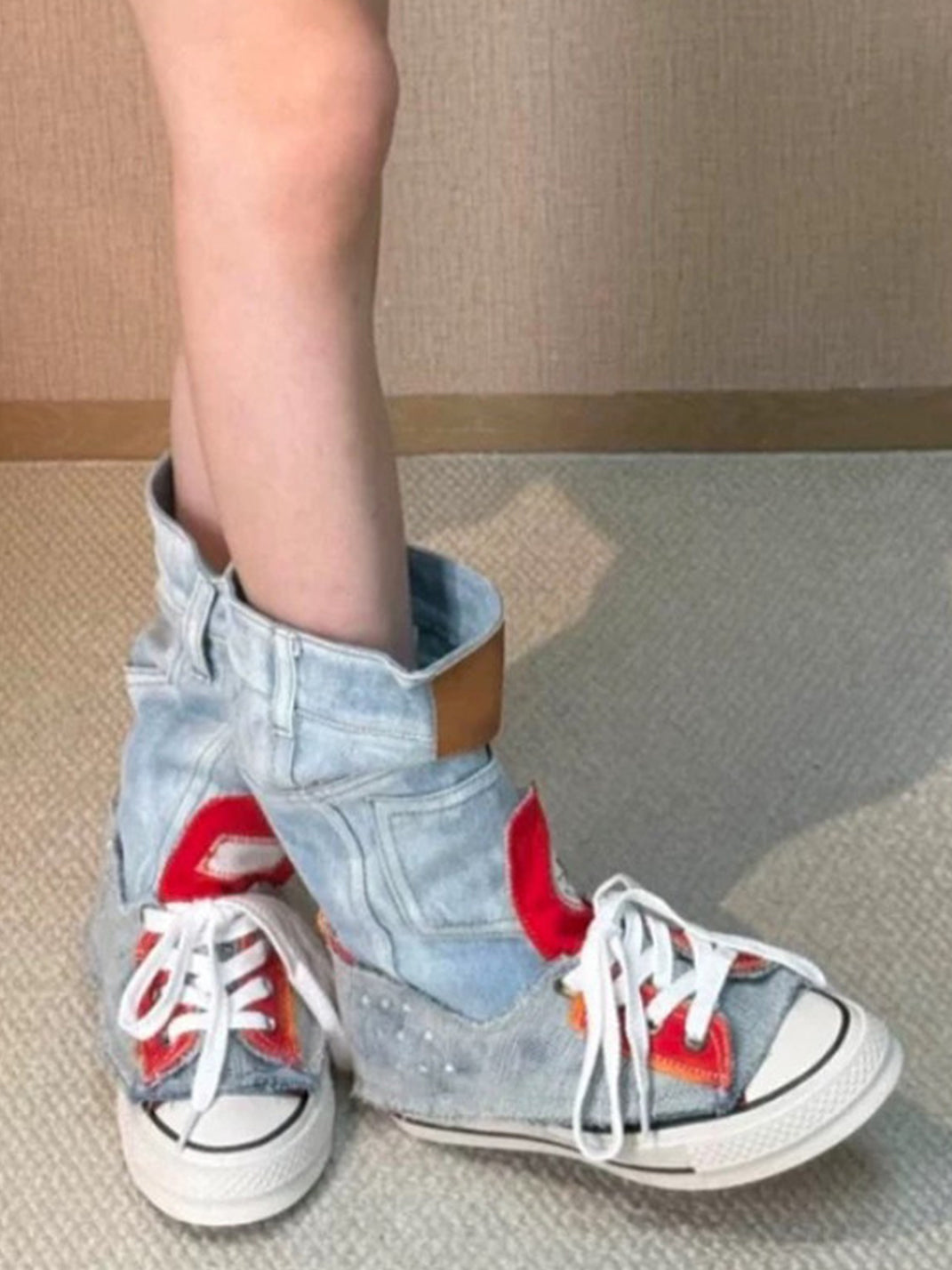 Denim Fold-Cuff High-Top Platform Sneakers