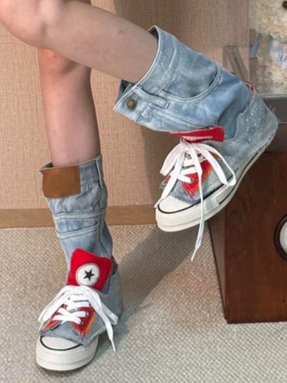 Denim Fold-Cuff High-Top Platform Sneakers