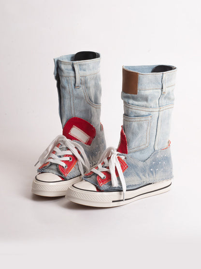 Denim Fold-Cuff High-Top Platform Sneakers