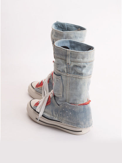 Denim Fold-Cuff High-Top Platform Sneakers