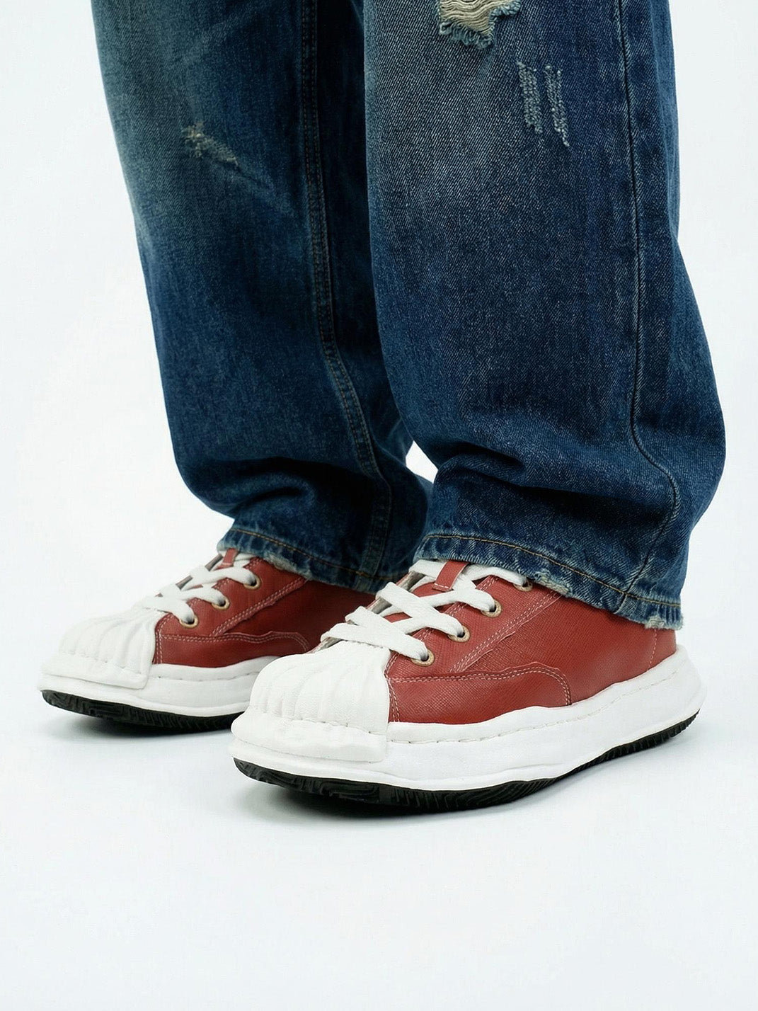 Crimson Leather Molded-Toe Court Sneakers