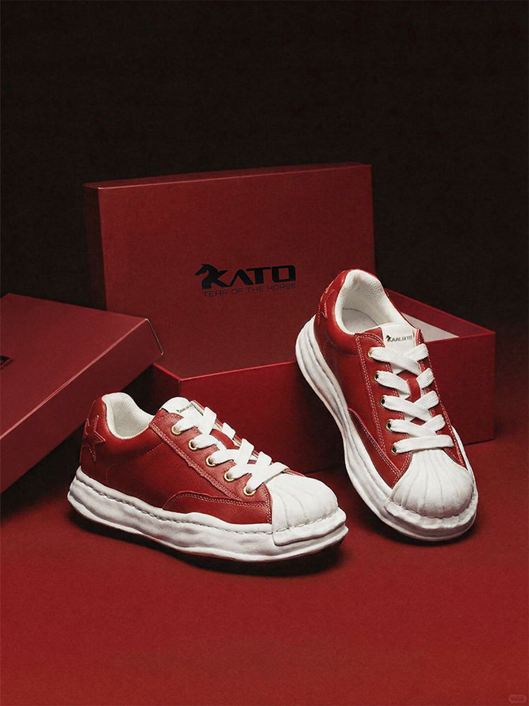 Crimson Leather Molded-Toe Court Sneakers