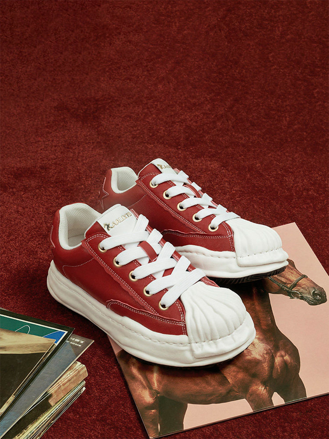 Crimson Leather Molded-Toe Court Sneakers
