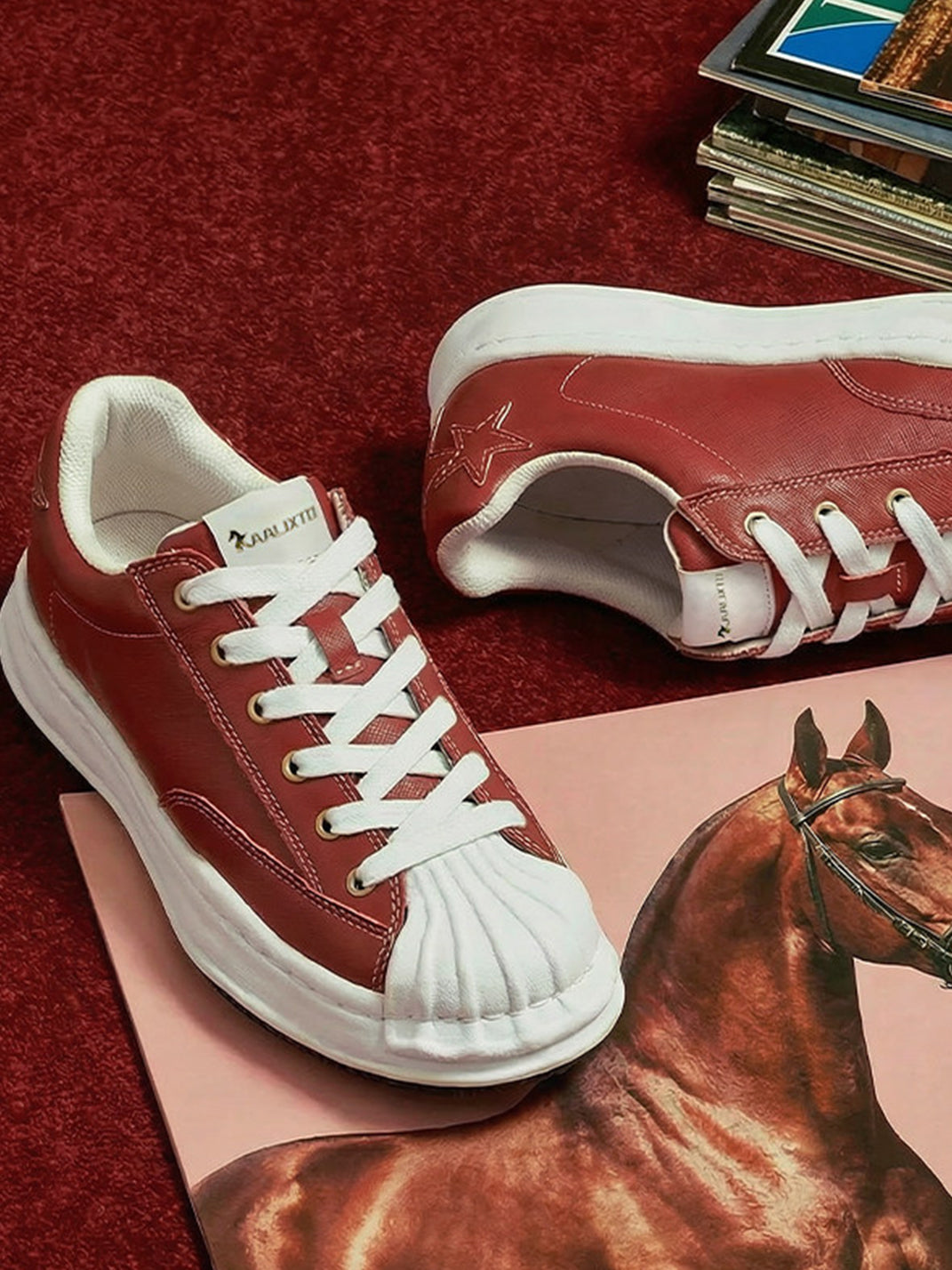 Crimson Leather Molded-Toe Court Sneakers