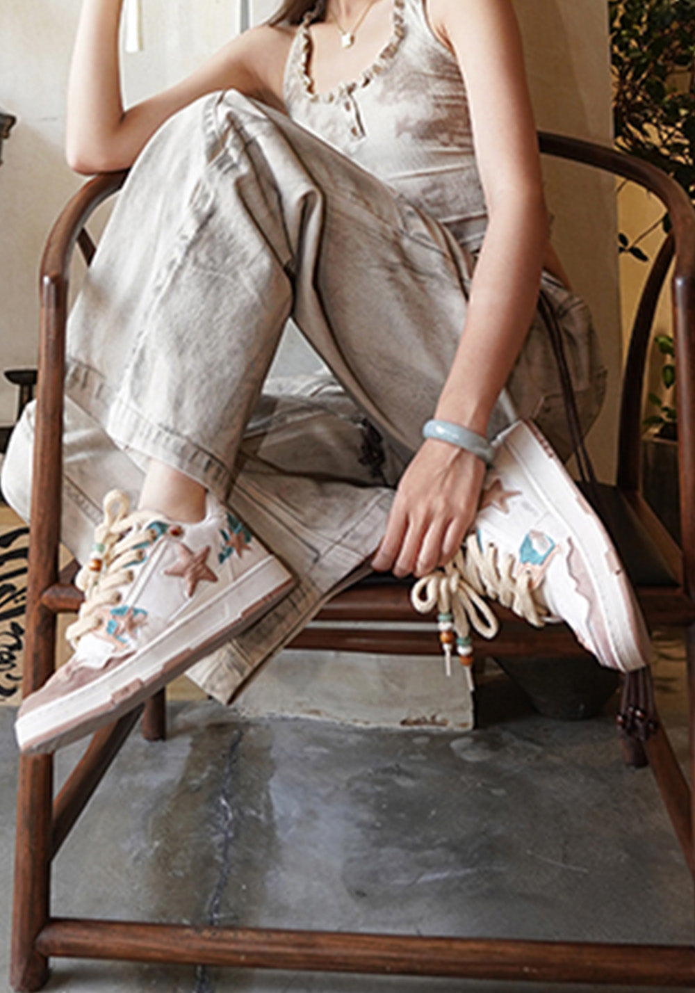 Jacquard Star-Panel Retro Court Sneakers