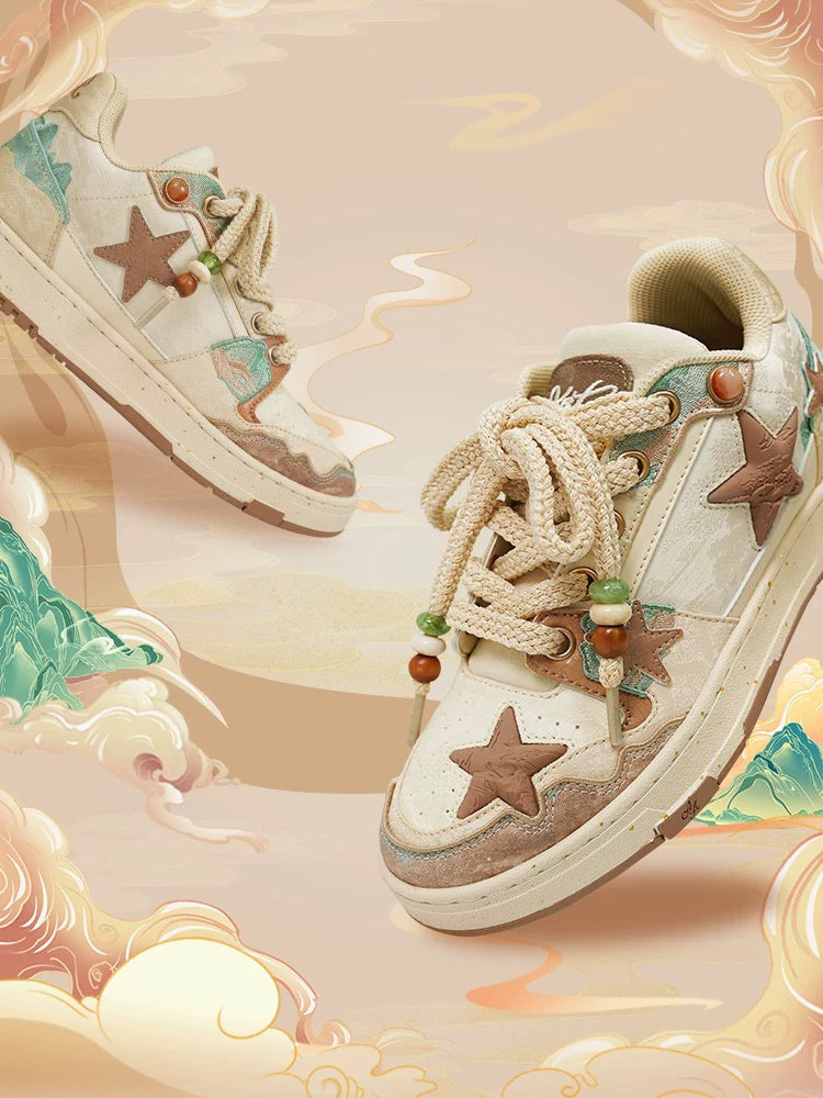 Jacquard Star-Panel Retro Court Sneakers