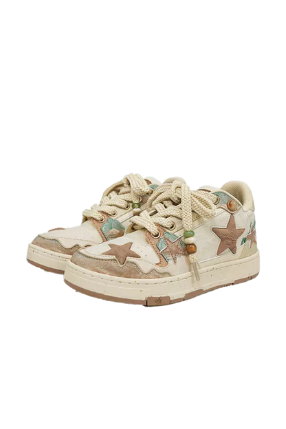 Jacquard Star-Panel Retro Court Sneakers
