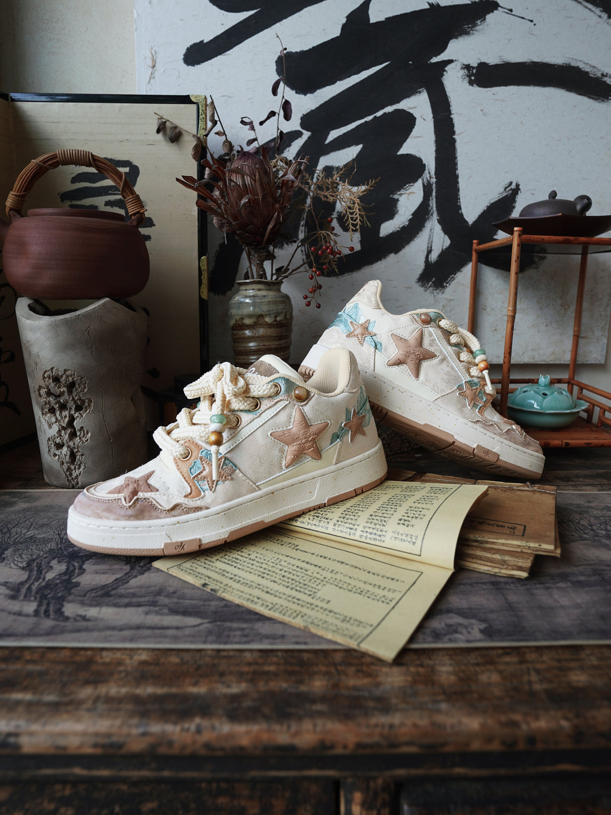 Jacquard Star-Panel Retro Court Sneakers
