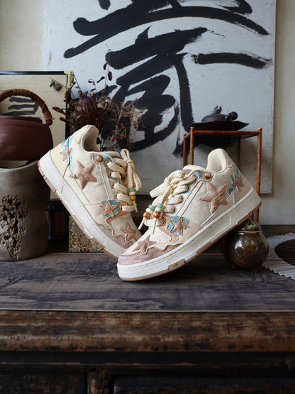 Jacquard Star-Panel Retro Court Sneakers
