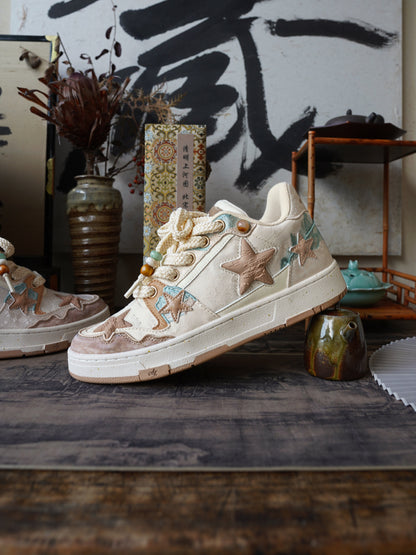 Jacquard Star-Panel Retro Court Sneakers