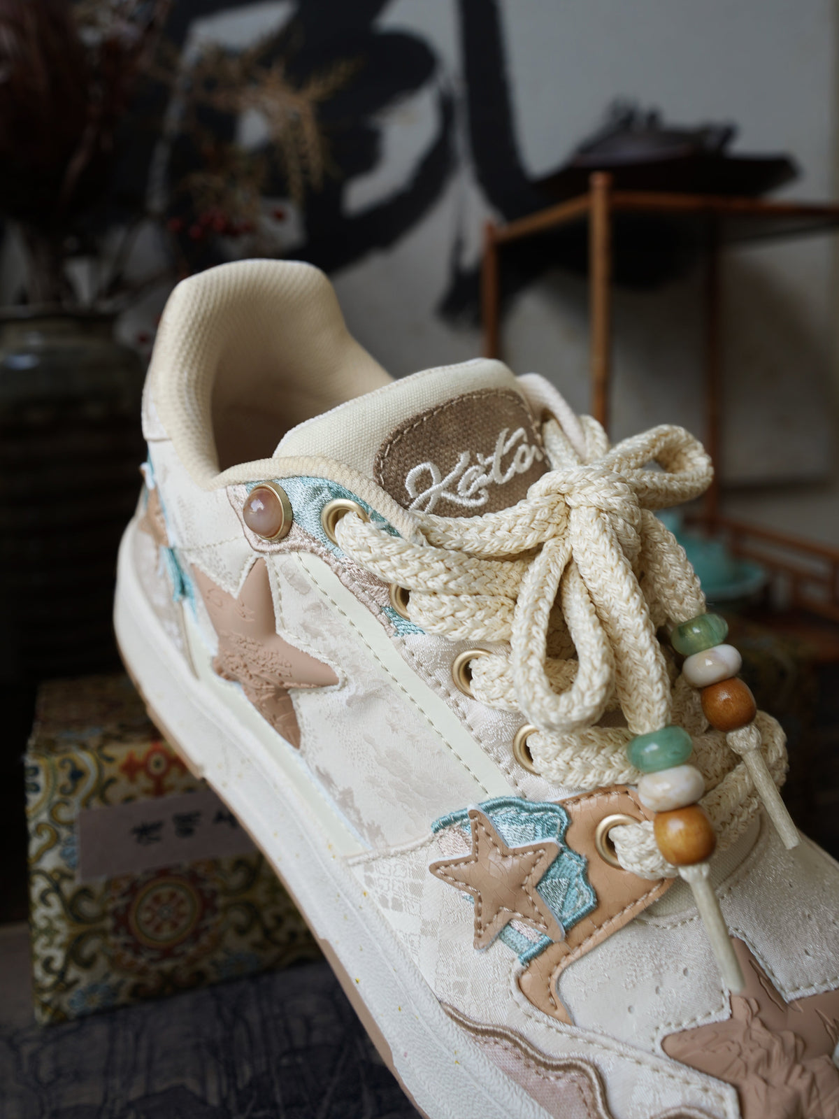 Jacquard Star-Panel Retro Court Sneakers