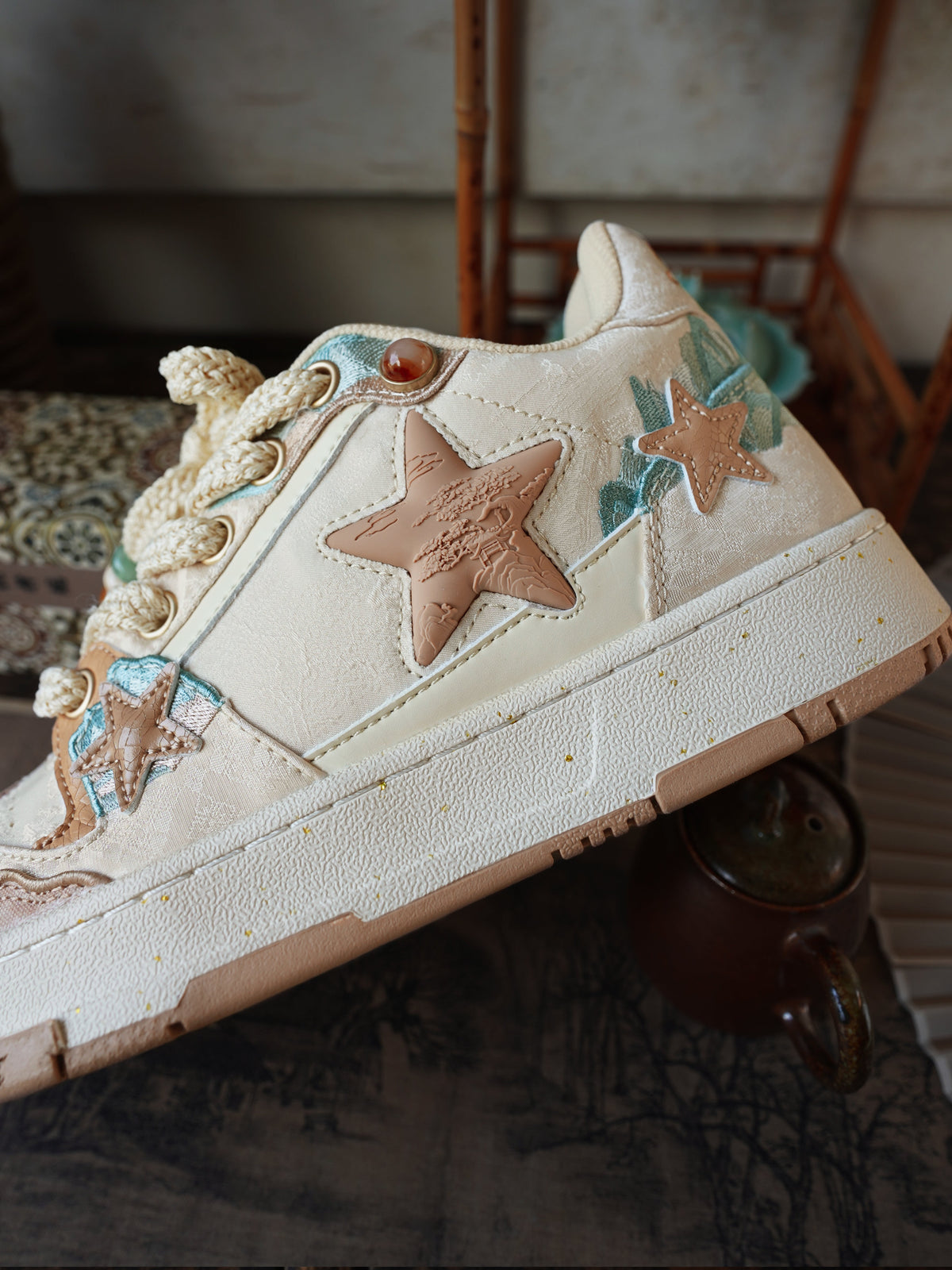 Jacquard Star-Panel Retro Court Sneakers