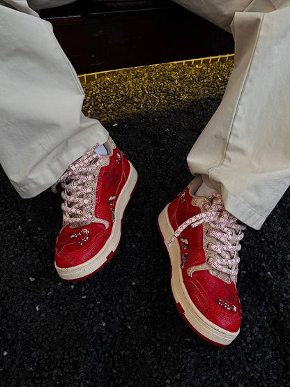 Snake-Embossed Red Star Court Sneakers