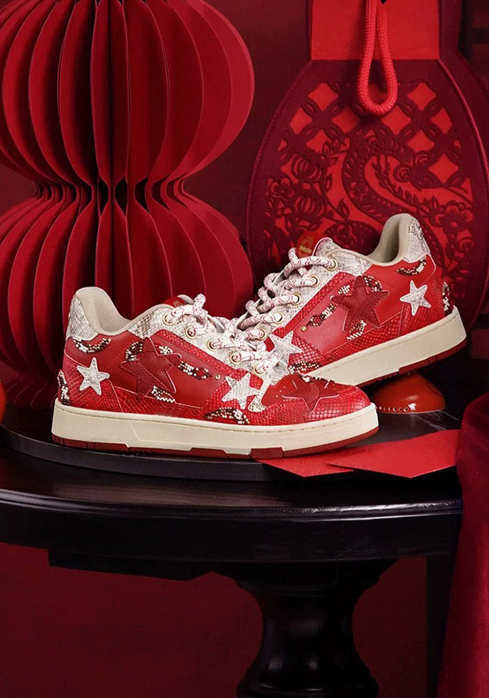 Snake-Embossed Red Star Court Sneakers