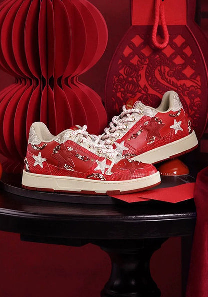 Snake-Embossed Red Star Court Sneakers