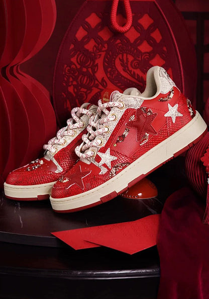 Snake-Embossed Red Star Court Sneakers