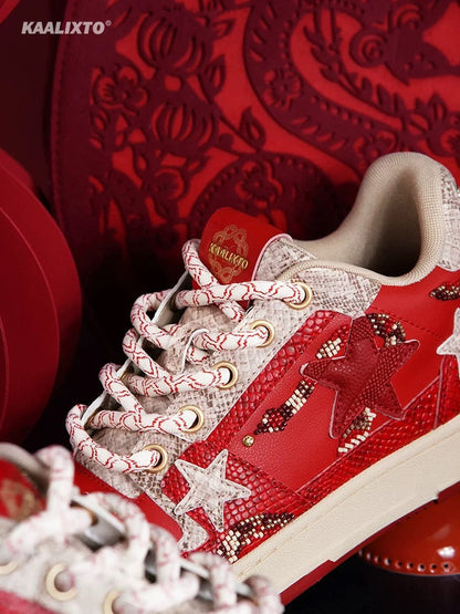 Snake-Embossed Red Star Court Sneakers