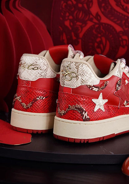 Snake-Embossed Red Star Court Sneakers