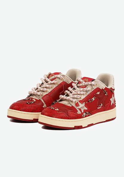 Snake-Embossed Red Star Court Sneakers