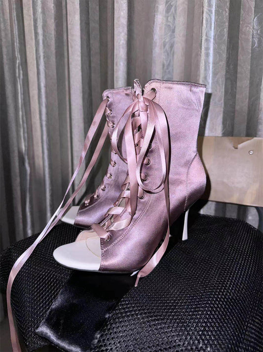 Satin Lace-Up Peep-Toe Ankle Heels