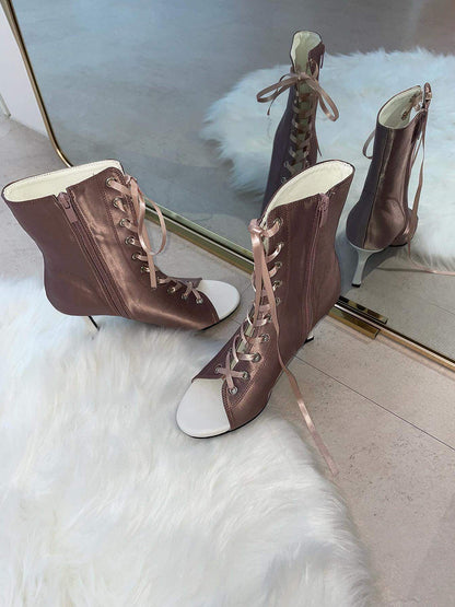 Satin Lace-Up Peep-Toe Ankle Heels