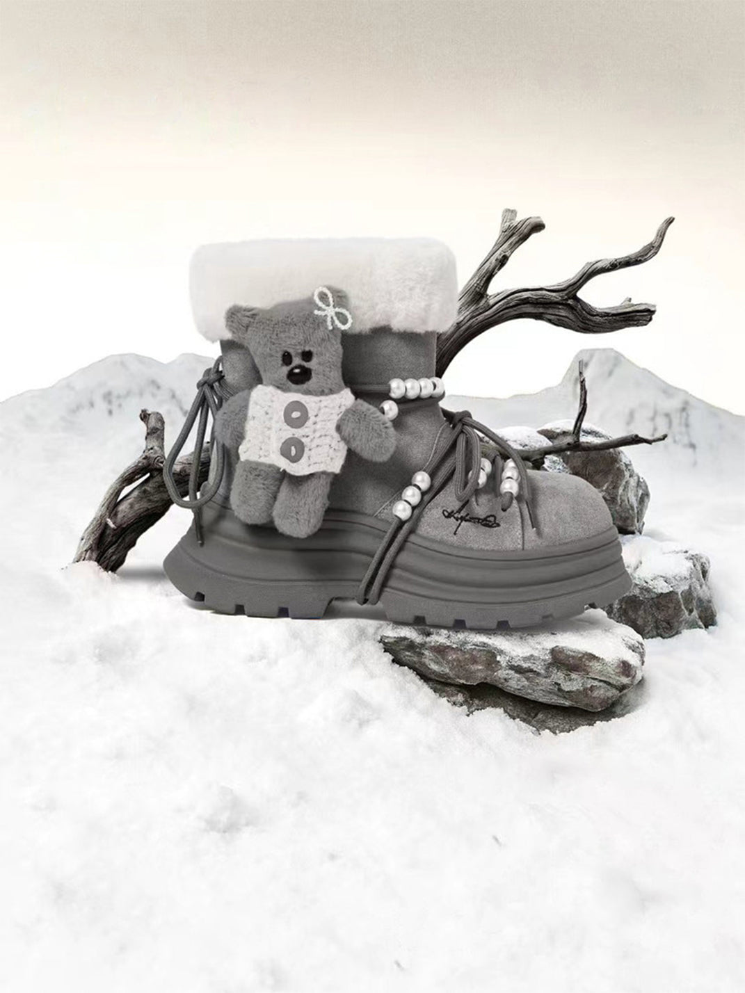 Plush-Cuff Charm Platform Snow Boots