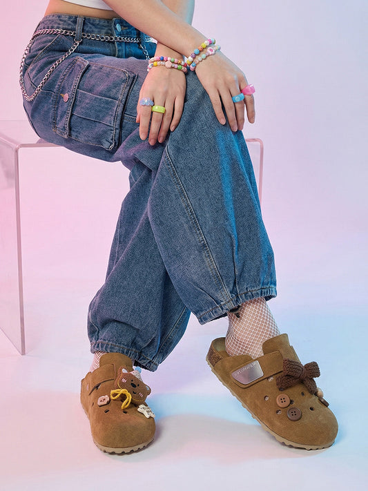 Charm-Embellished Perforated Brown Clogs