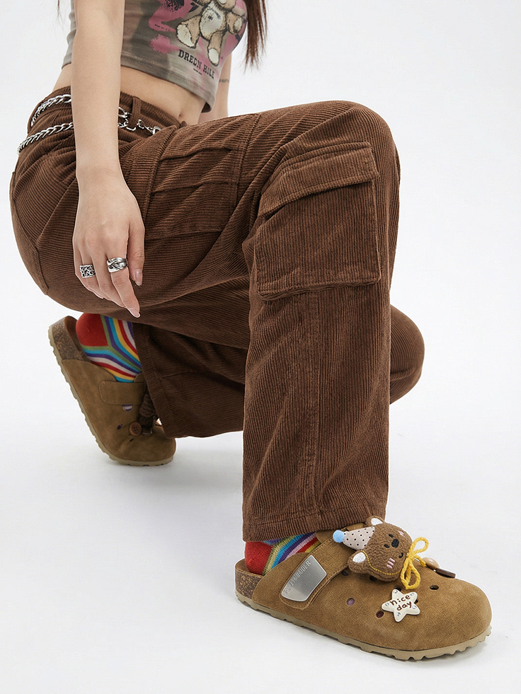 Charm-Embellished Perforated Brown Clogs