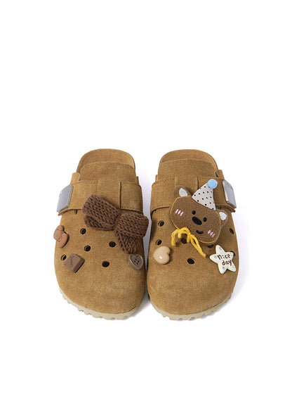 Charm-Embellished Perforated Brown Clogs