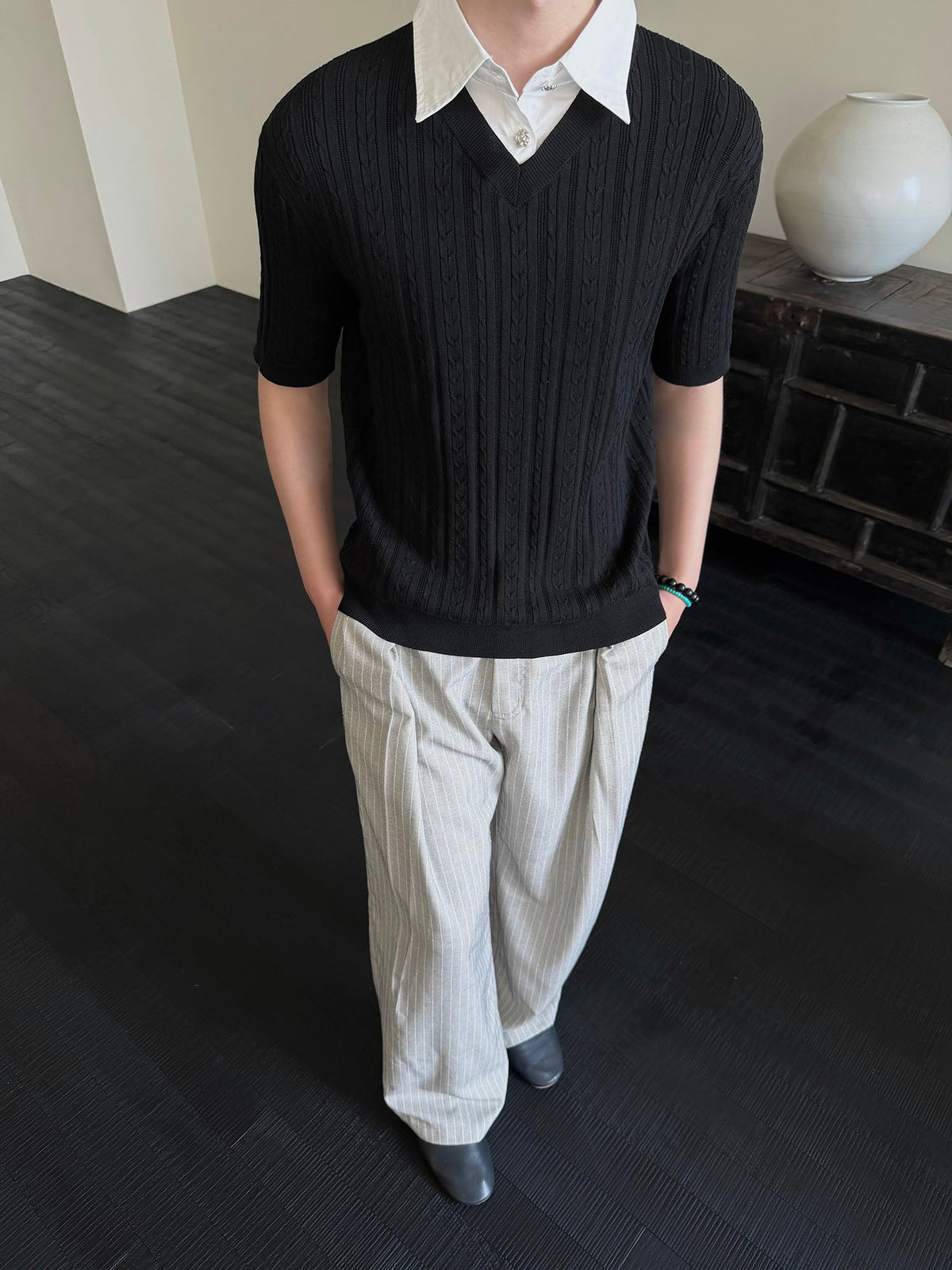 KREATE Faux Layered Cable-Knit Half Shirt