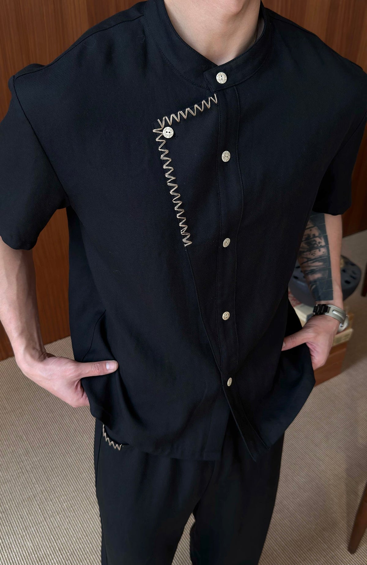 KREATE Stitched Faux-Placket Short Sleeve Shirt