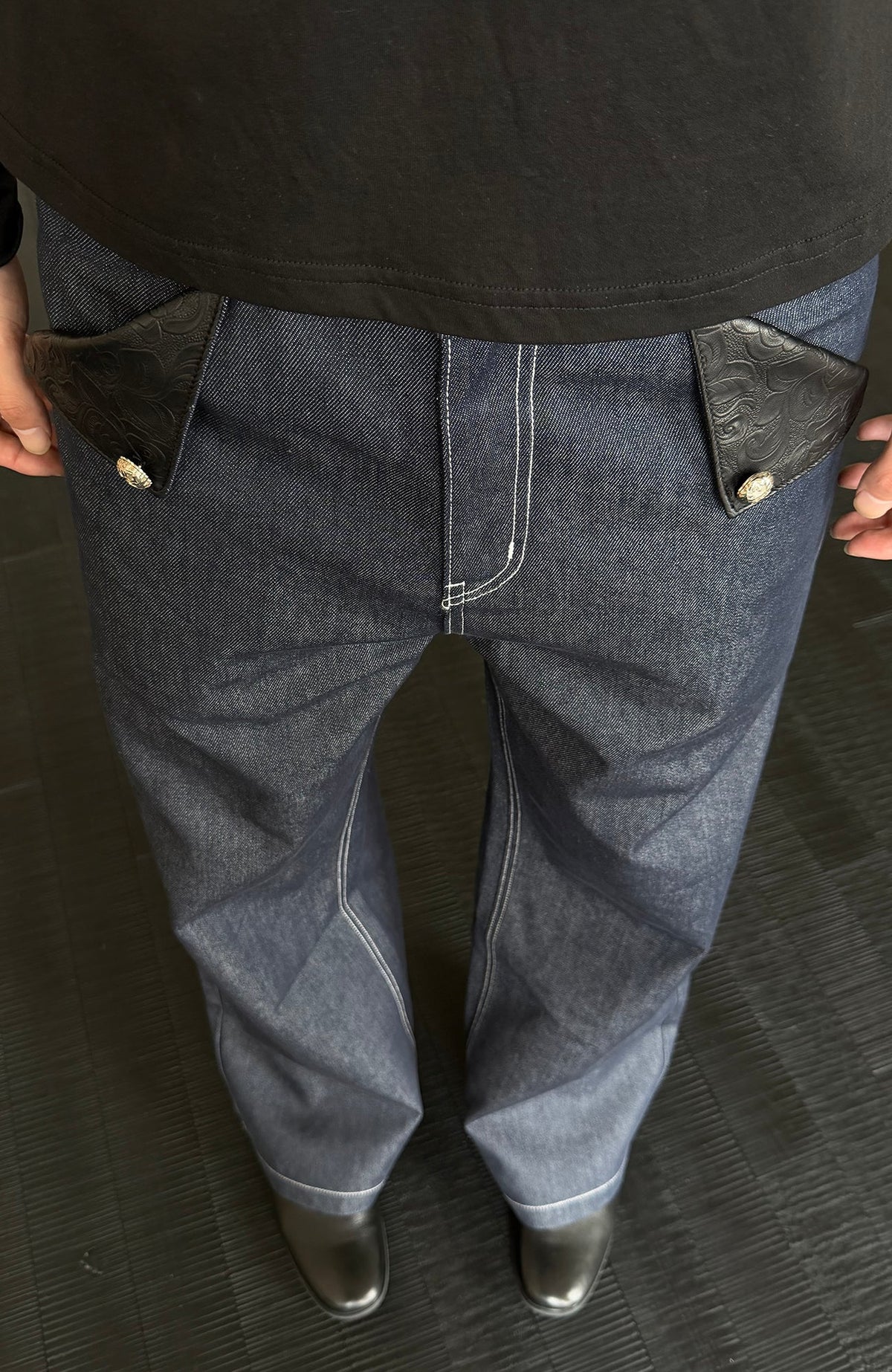 KREATE Raw PU-Paneled Flare Denim