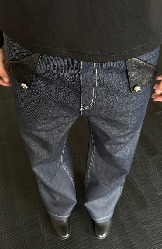 KREATE Raw PU-Paneled Flare Denim