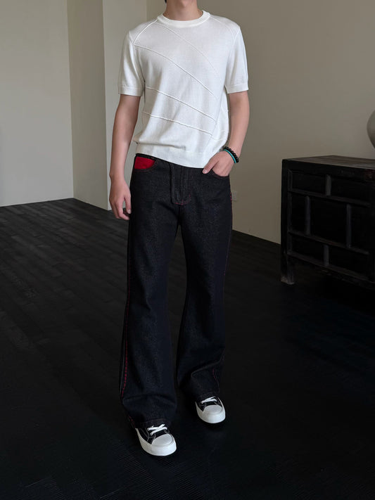 KREATE Contrast Stitched Flared Raw Denim Pants