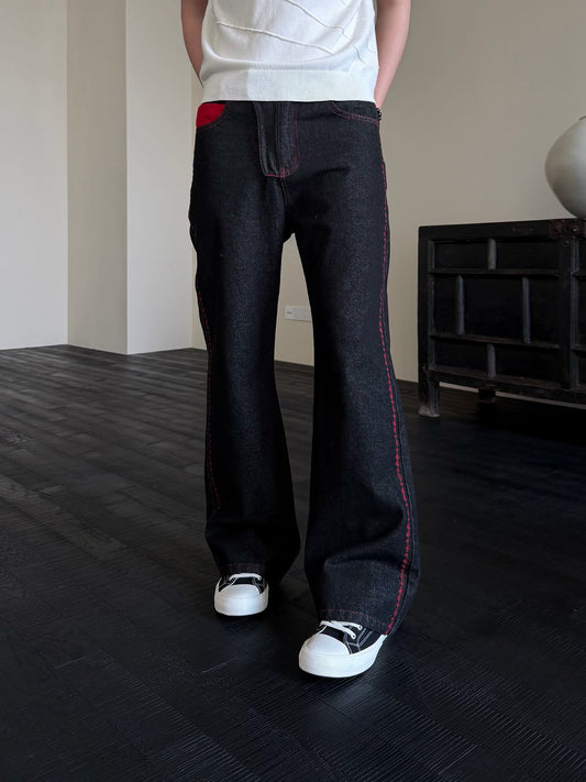 KREATE Contrast Stitched Flared Raw Denim Pants