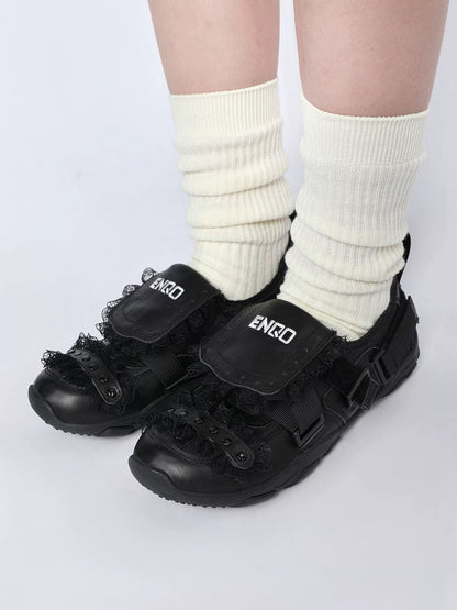 Lace-Trim Buckle Strap Ballet Sneakers