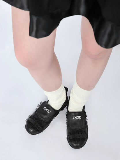 Lace-Trim Buckle Strap Ballet Sneakers