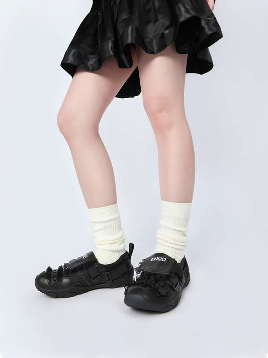 Lace-Trim Buckle Strap Ballet Sneakers