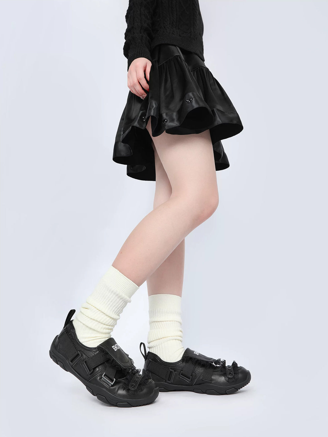 Lace-Trim Buckle Strap Ballet Sneakers