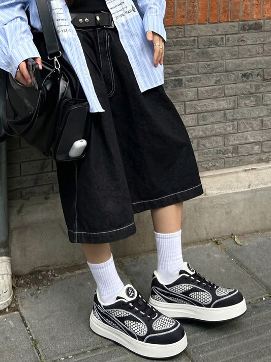 Black Mesh-Panel Platform Derby Sneakers