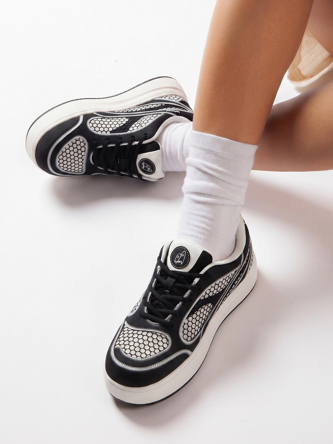 Black Mesh-Panel Platform Derby Sneakers