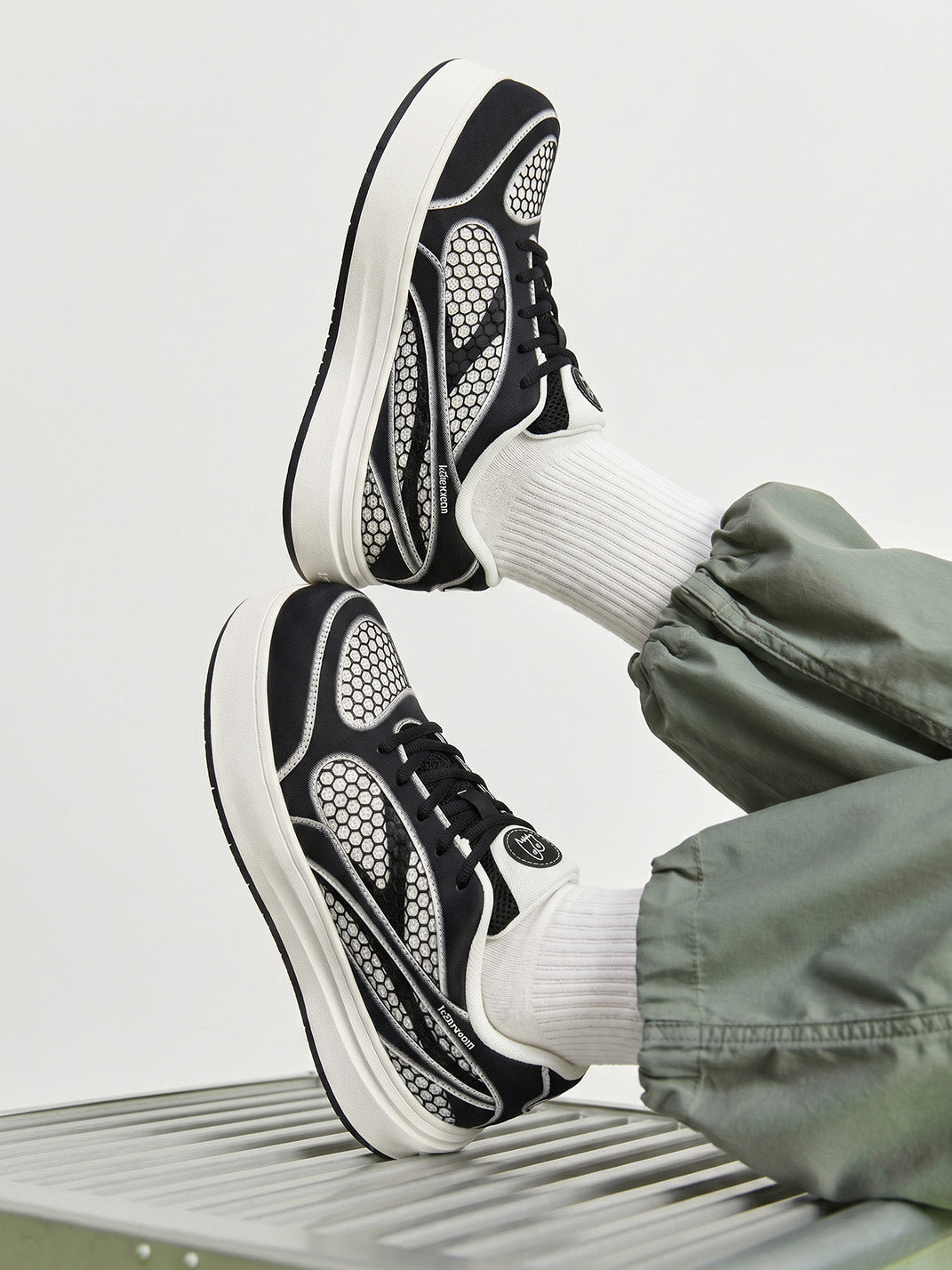 Black Mesh-Panel Platform Derby Sneakers