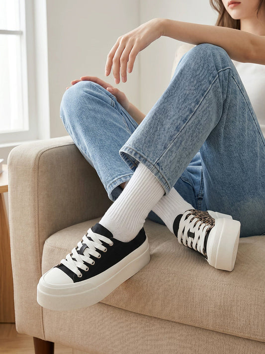 Leopard-Panel Platform Canvas Sneakers
