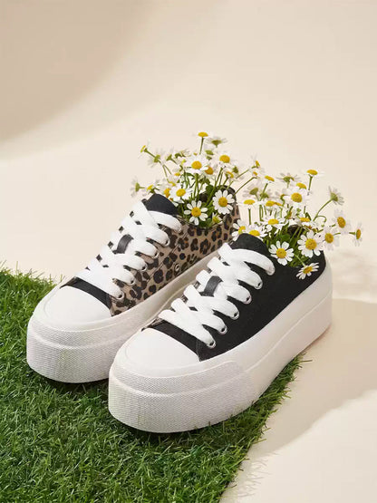 Leopard-Panel Platform Canvas Sneakers