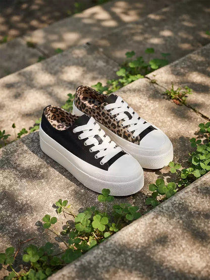 Leopard-Panel Platform Canvas Sneakers