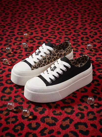 Leopard-Panel Platform Canvas Sneakers