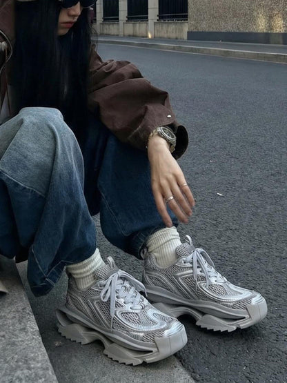 Silver Mesh Sculpted-Sole Runner Sneakers