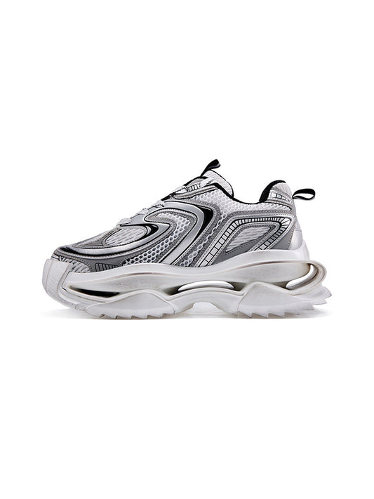 Distressed Silver Sculpted-Sole Dad Sneakers