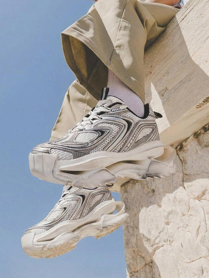 Distressed Silver Sculpted-Sole Dad Sneakers