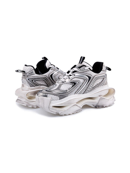 Distressed Silver Sculpted-Sole Dad Sneakers